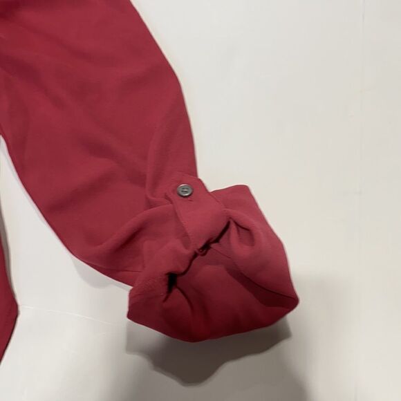LOFT Top Crimson Red Blouse Solid Boat Neck Long Roll-Tab Sleeves XS - Picture 4 of 8